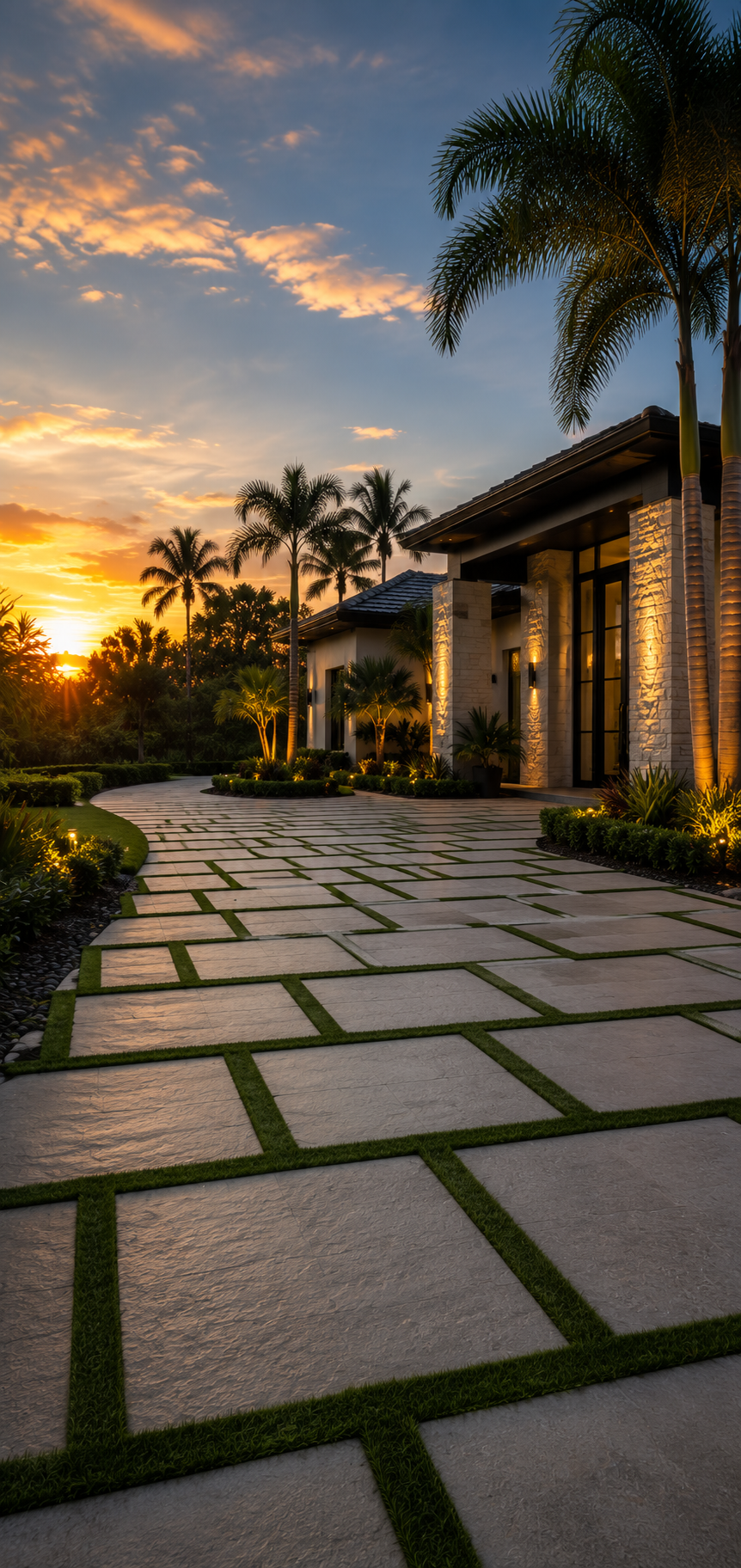 Luxury South Florida home with elegant paver driveway at dusk
