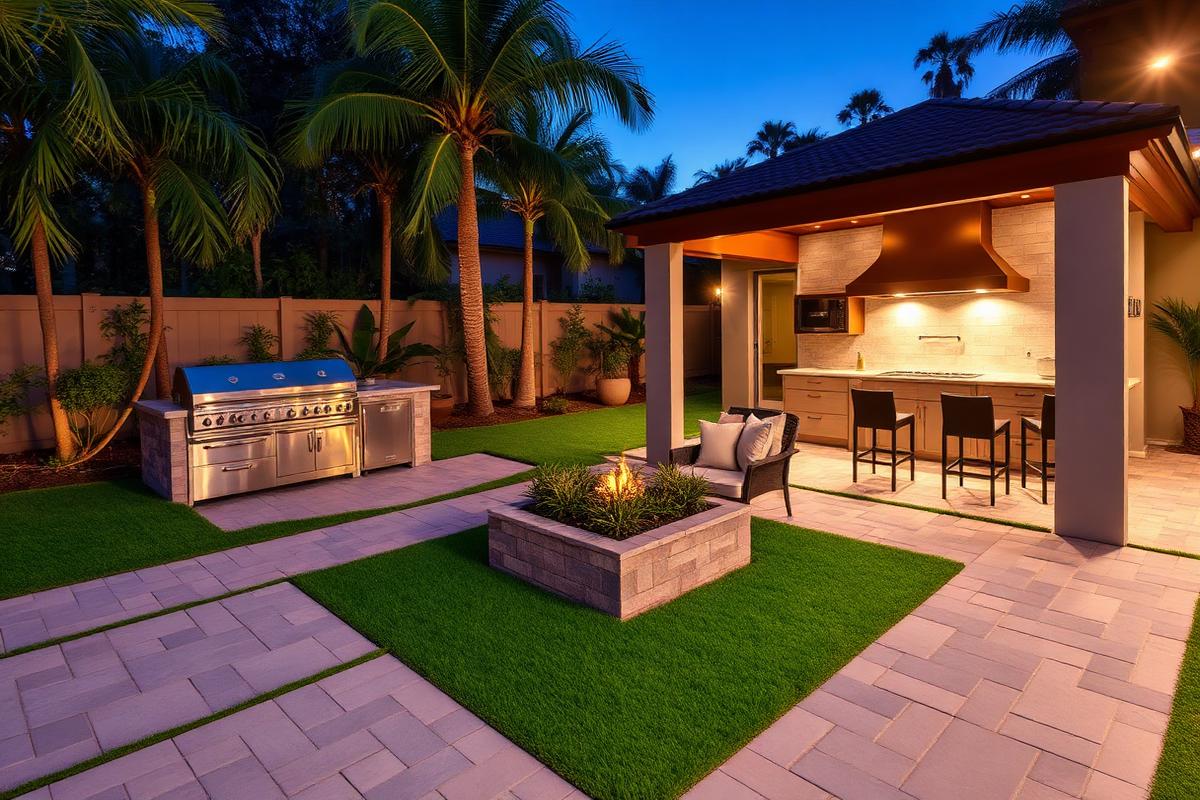 Custom outdoor living space with pavers, turf and outdoor kitchen