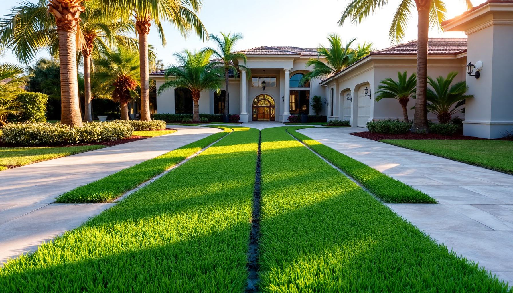 Ribbon driveway with grass pavers leading to a luxury South Florida home